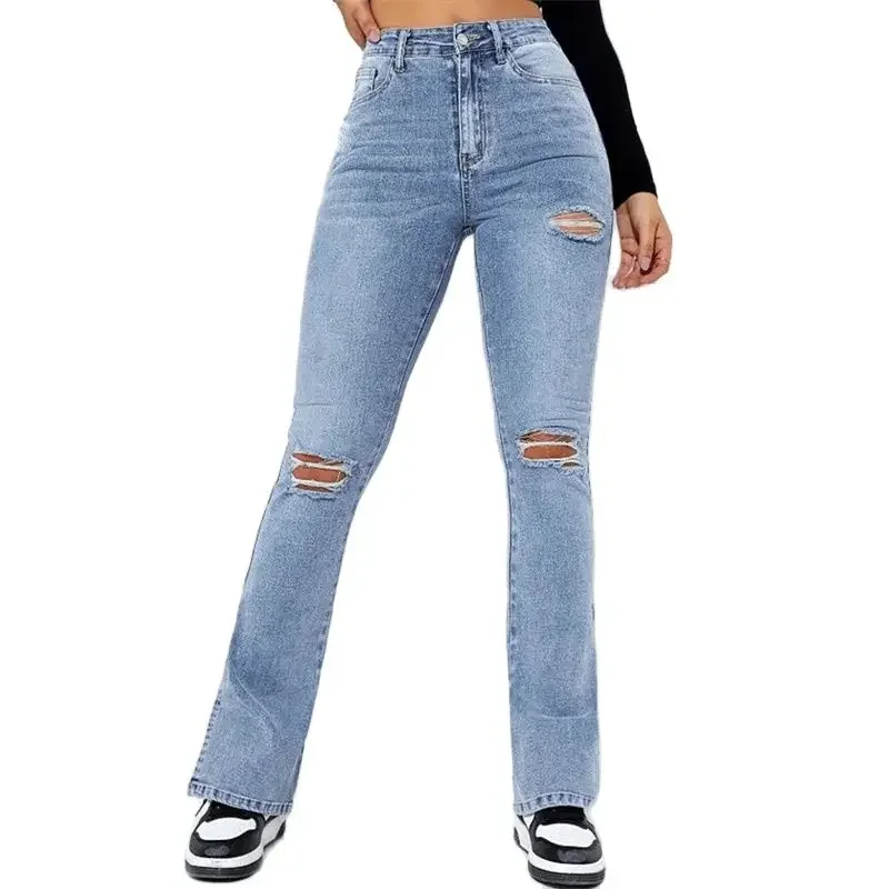 

Women High Street Split Trousers Legs Jeans Fashion Broken Holes High-waist Commuter Denim Pants Female Slim Fit Hip Lift Trous