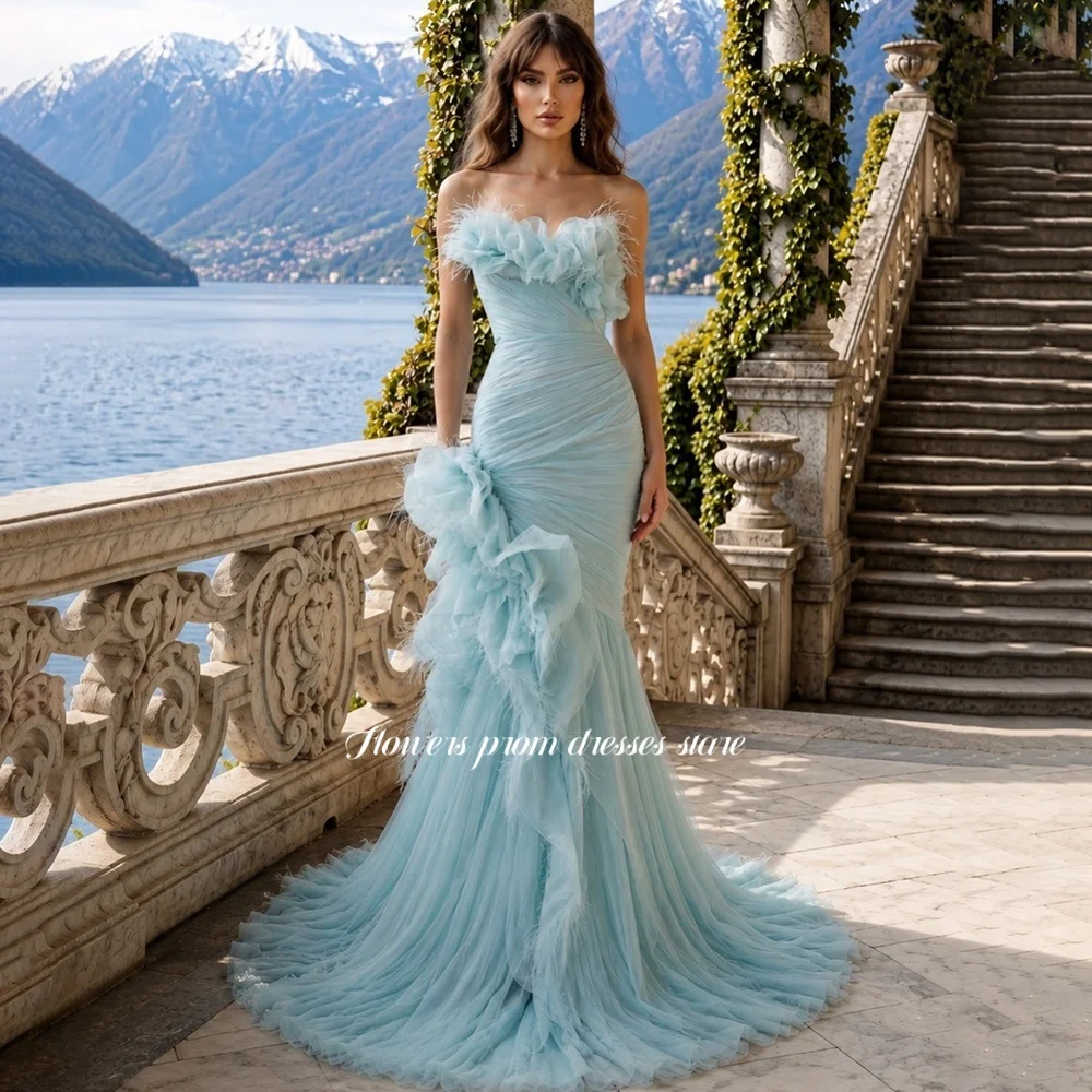 

Flowers Blue Evening Dress with Pleats Mermaid Prom Gowns with Feathers Luxury Celebrity Dress vestidos de fiesta Customized