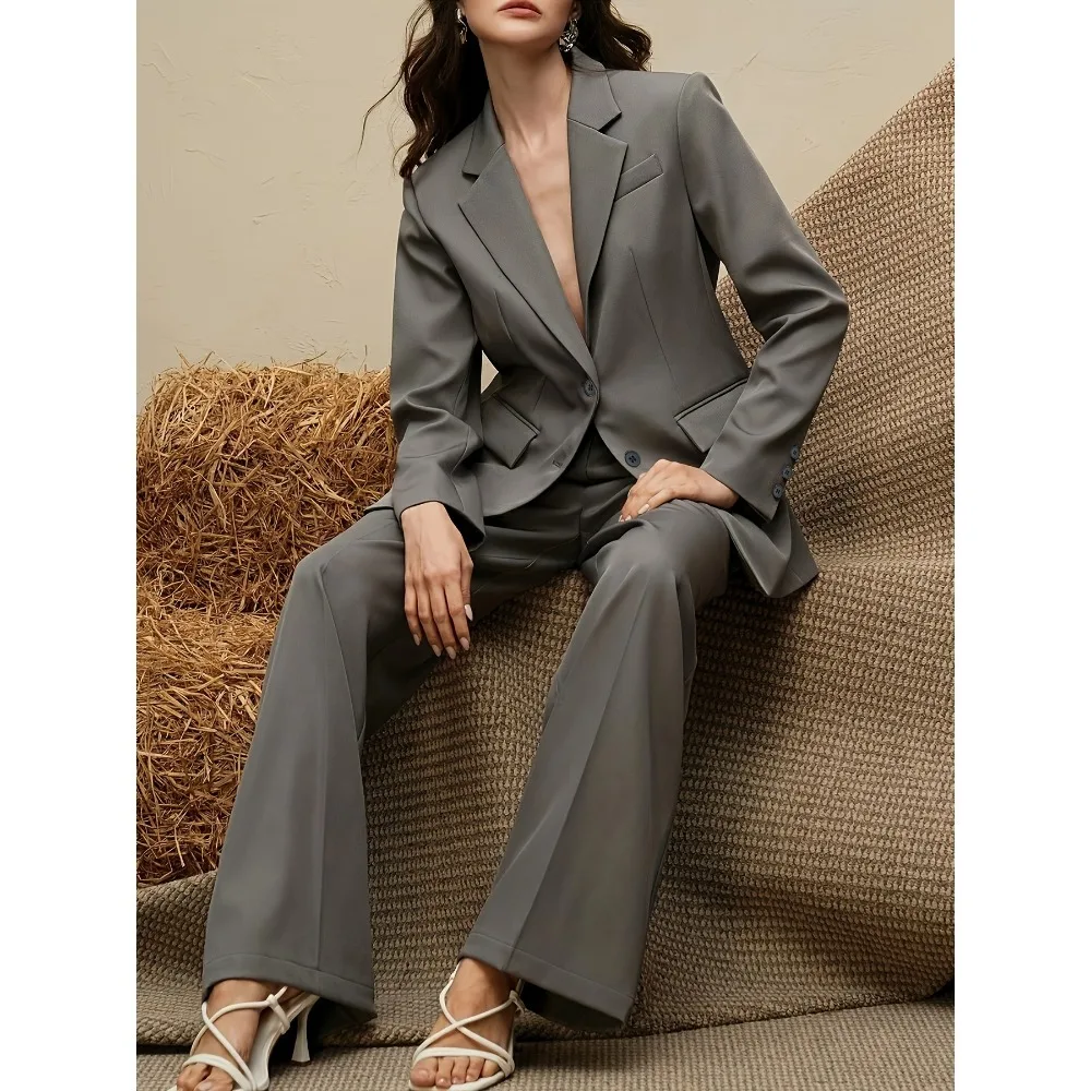 طقم بدلة نسائية أنيقة مكونة من قطعتين بلون واحد وصدر واحد، سترة مراد الملونة + بنطال مستقيم الساق، خريف نسائي