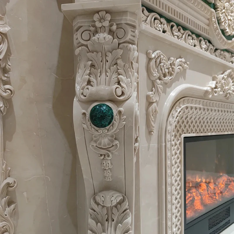 Royal Style Modern Natural Taj Mahal Beige Marble Fireplace Surround Mantel with Hand Artistic Engraving for Home Decor