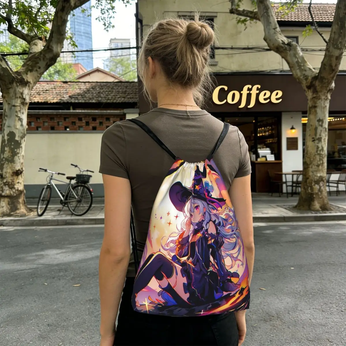 Mystical Anime Witch And Moon Backpacks Portable Drawstring Bundle Pocket Storage Bag Book Bags for Travel School