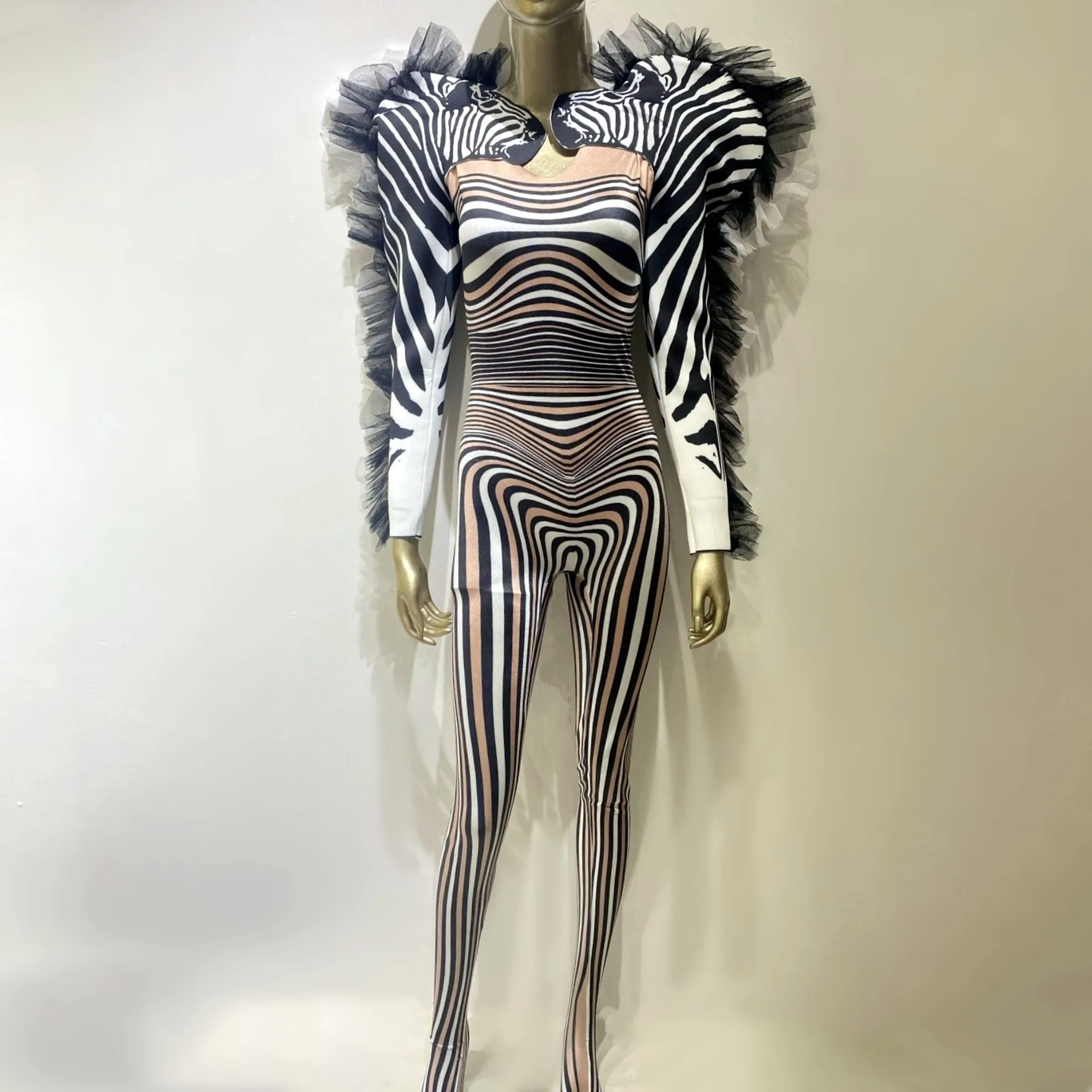 New Style Zebra Pattern Jumpsuit Women Singer Sexy Stage Outfit Bar DS Dance Cosplay Bodysuit Costume Prom Clothes