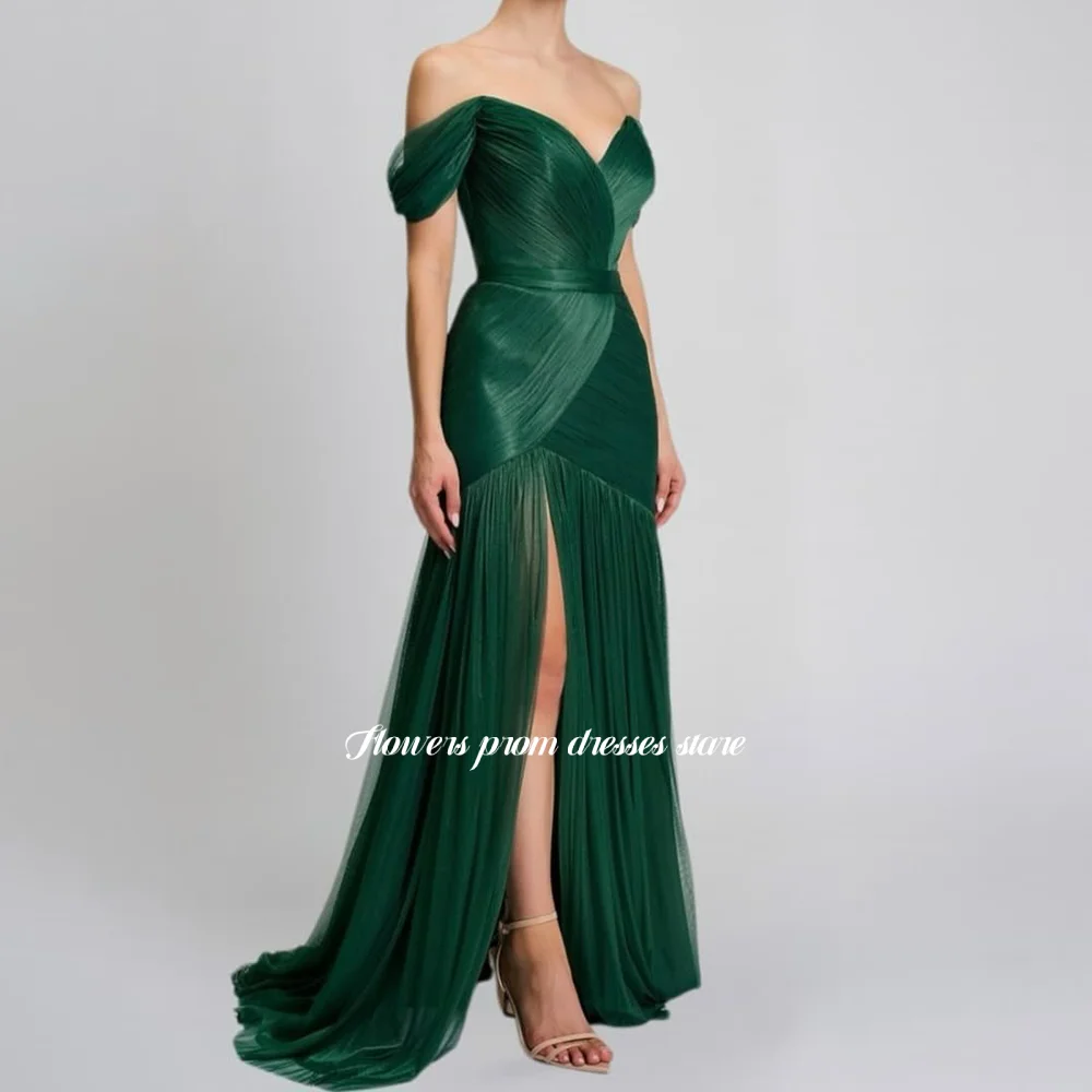 

Flowers Green Party Dress with Pleats Off Shoulder Evening Dresses High Slit Formal Occasion Dress Robe De Soirée Customized