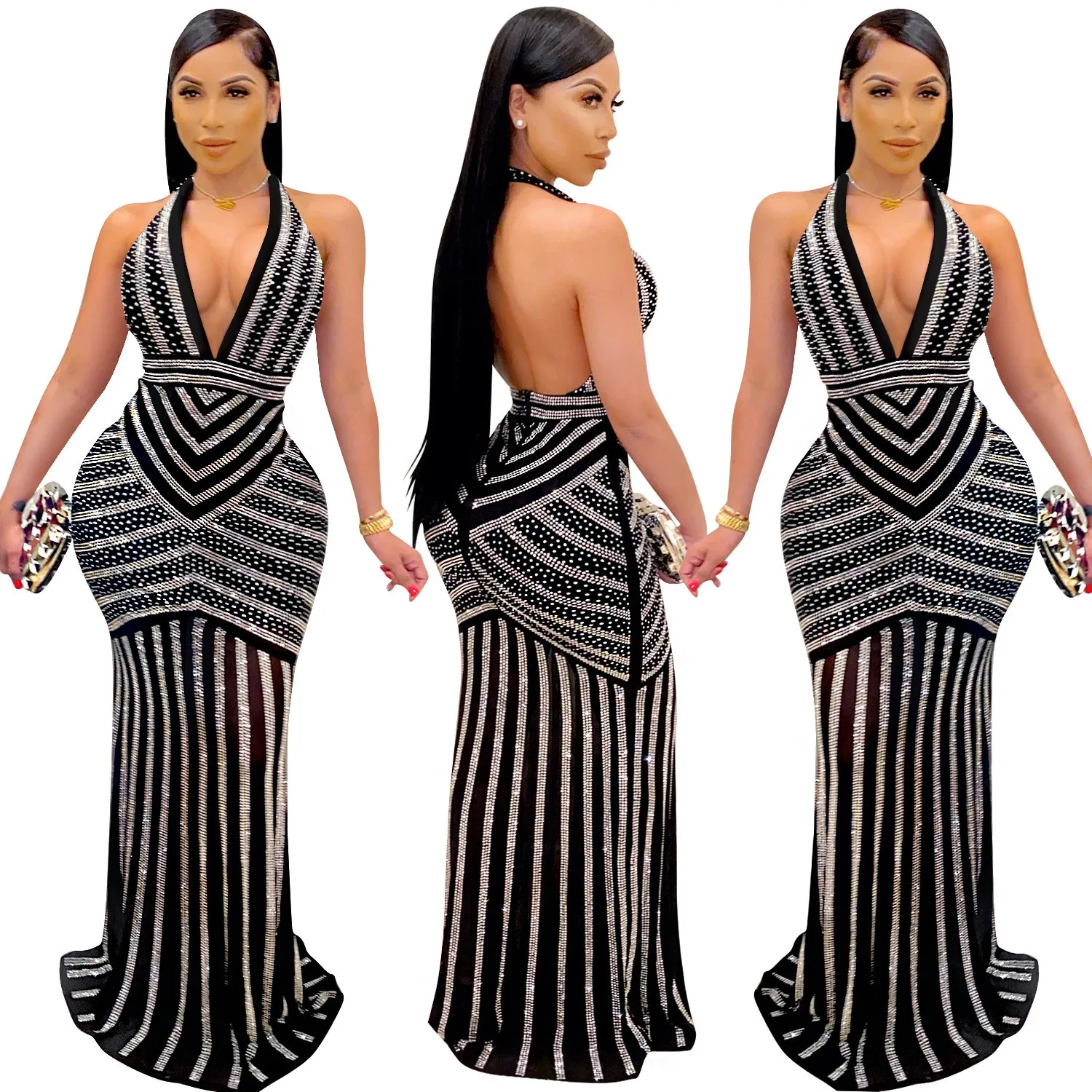 

Prom Dress Elegant Party Deep V Neck Sequin Dresses Luxury Party Halter Neck Evening Dress Rhinestone Embellished Floor Length