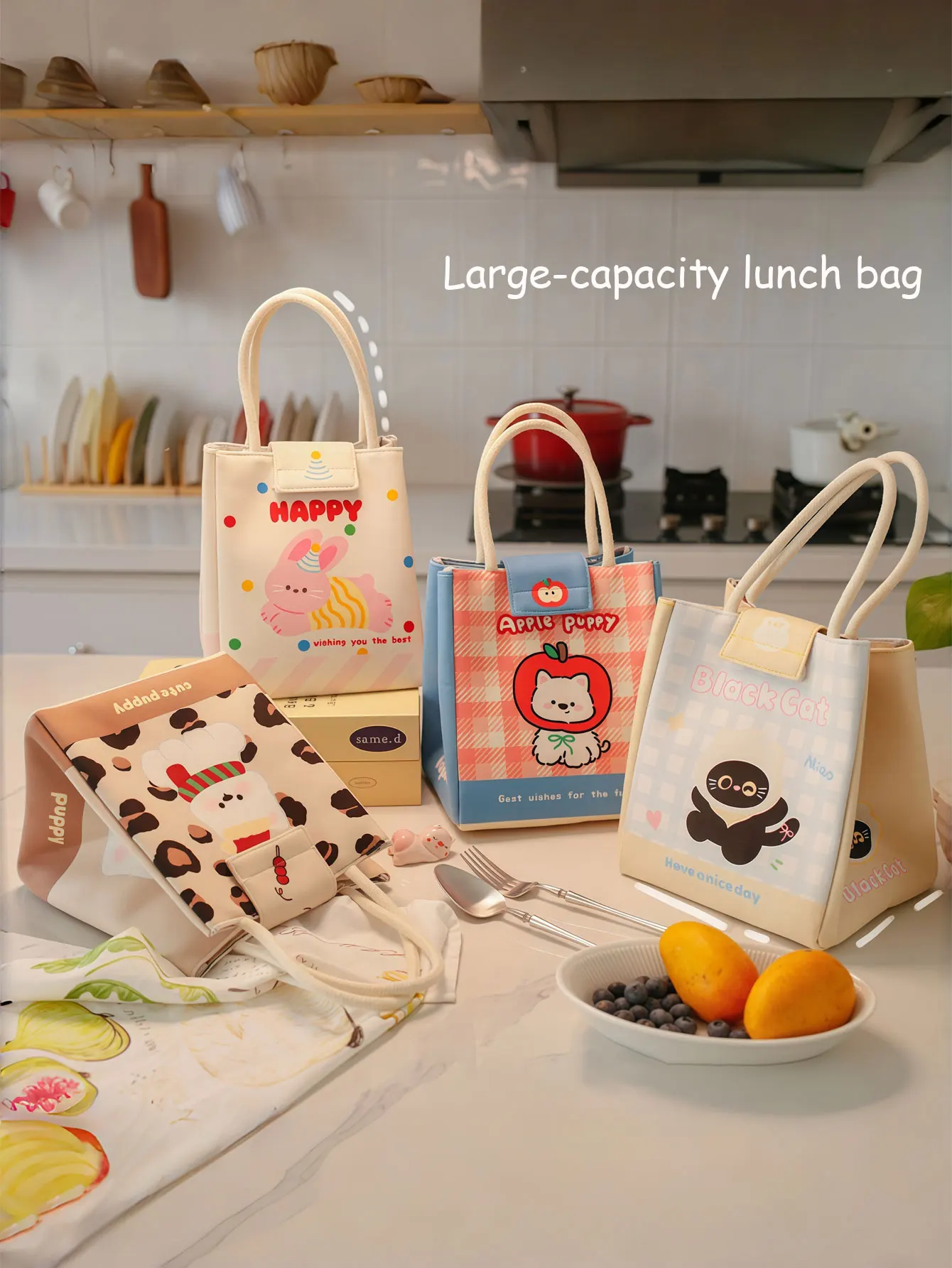 1PC Cute Bento Bag for Office Workers Portable Insulated Lunch Box Bag for Students Large Capacity Handheld Bento Bag