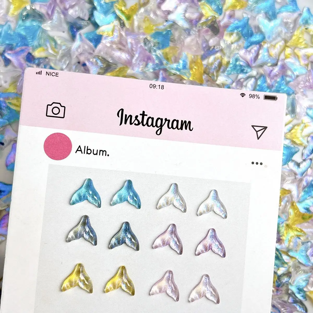 

60PCS Ice Transparent Colorful Resin Fishtail Nail Charms Bulk Sparkling Fine Cute Fishtail Nail Art Decoration DIY Crafts