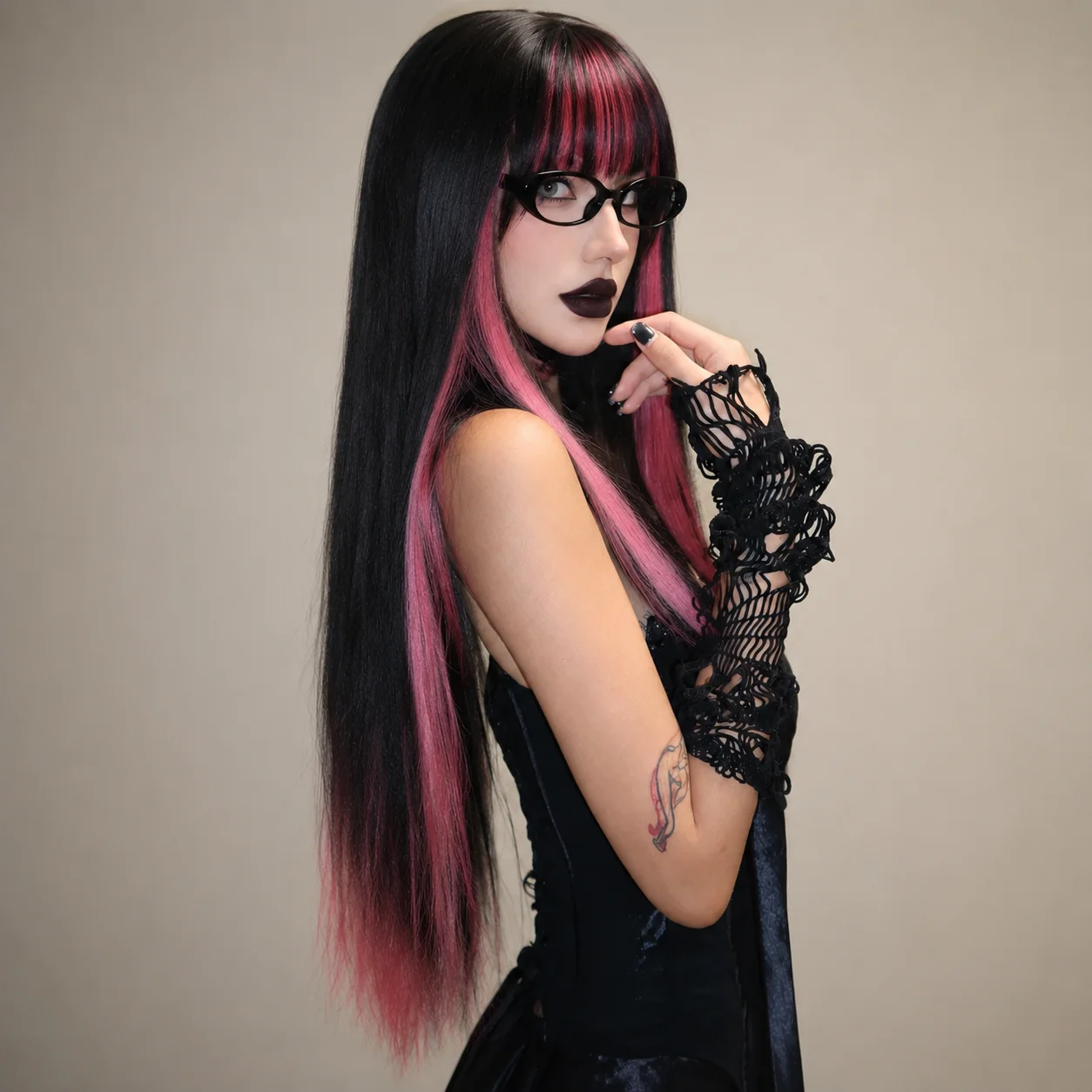 Easihair Black with Red Pink Highlight Long Straight Wig With Bangs Heat Resistant Synthetic Hair Gothic Halloween Cosplay Wigs