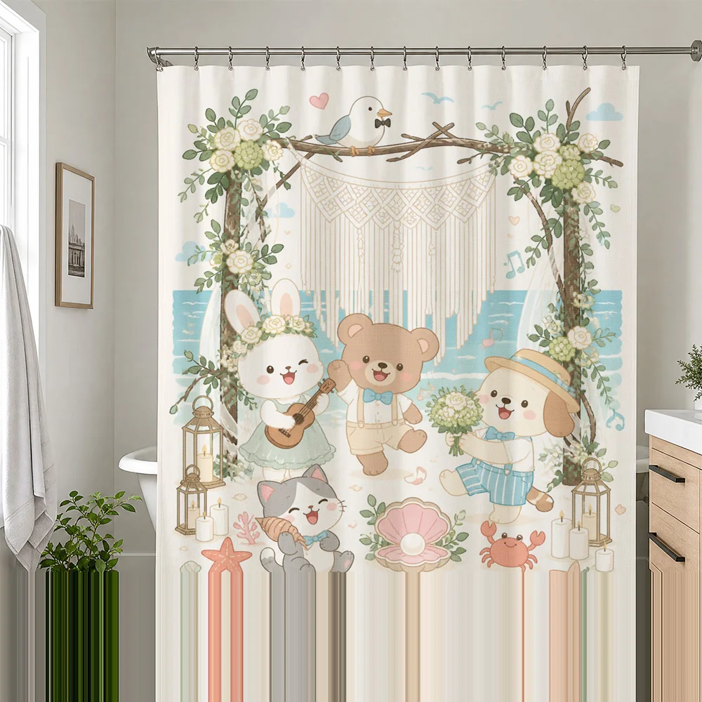 Whimsical Watercolor Animal Shower Curtain for Kids Nursery Bathroom Waterproof Decor Cute Woodland Bear Bunny Family Shower Cur