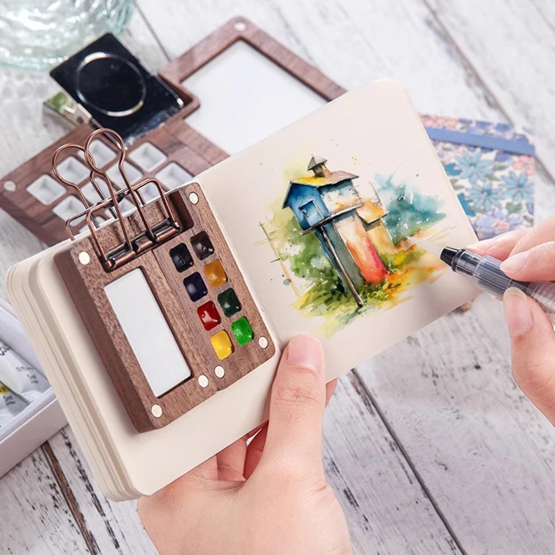 8/15 Grid Portable Sketchbook Palette Mini Walnut Wood Color Palette Box Travel Watercolor Case For Watercolor Oil Acrylic Paint