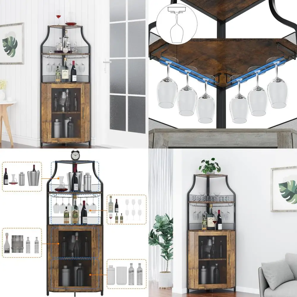 Industrial Style 5-Tier Corner Wine Rack with Removable Glass Shelf and Adjustable Liquor Storage Cabinet