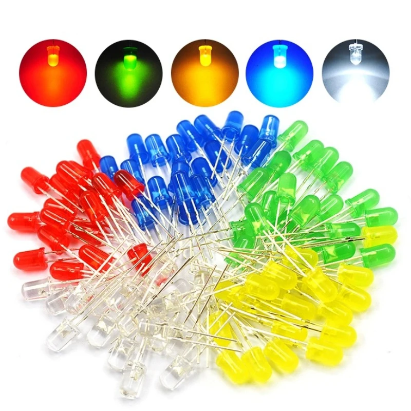 100 Stuks, Led Lichtgevende Diode Elektronische Set, 3Mm 5Mm, Led Diodes Diverse Set, Wit Groen Rood Blauw Geel, Indicatielampjes