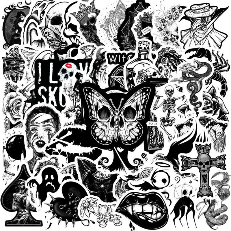 50-Pack Black White Punk Gothic Graffiti Stickers Waterproof Luggage Notebook Skateboard Water Bottle Decals