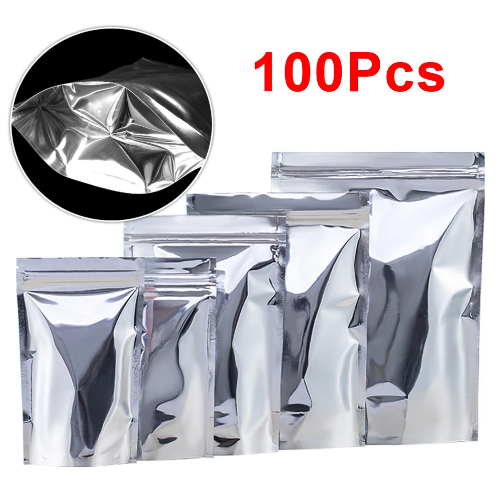 100 個シルバーアルミ箔ジップロック包装袋スタンドアップ再密封可能な光沢のある箔プラスチック熱シール保存ポーチ