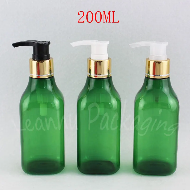 

200ml X 24 Green Square Plastic Bottle With Gold Lotion Pump 200CC Empty Cosmetic Container , Lotion Shampoo Packaging Bottles