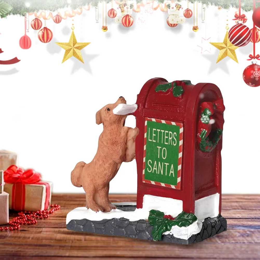 Santa Mailbox Villages Sets Santa Mailbox with Little Dog Sculpture Tabletop Christmas Mailbox Figurine Christmas Decorations