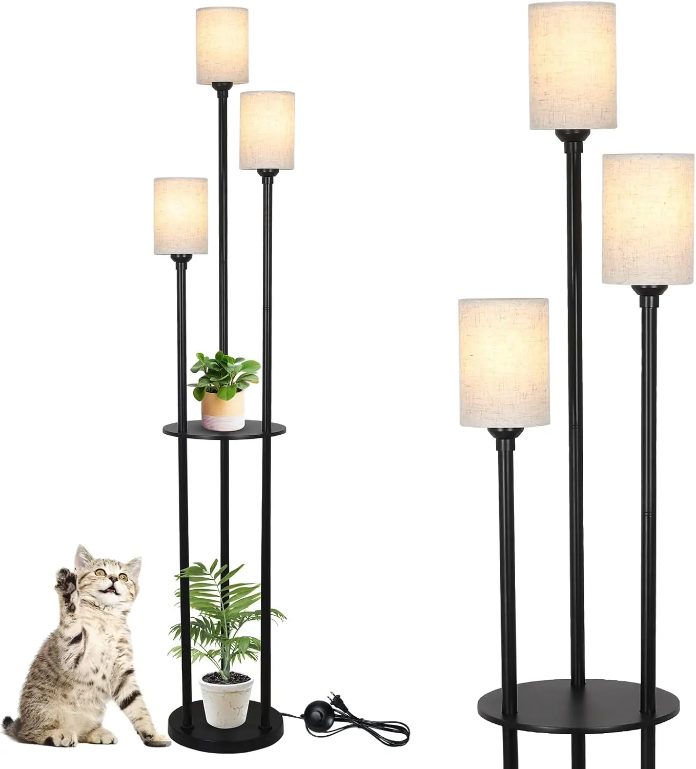 Floor Lamp With Shelves, Modern Floor Lamps For Living Room, 3-Lights Standing Lamp With Linen Shade And Foot Switch,