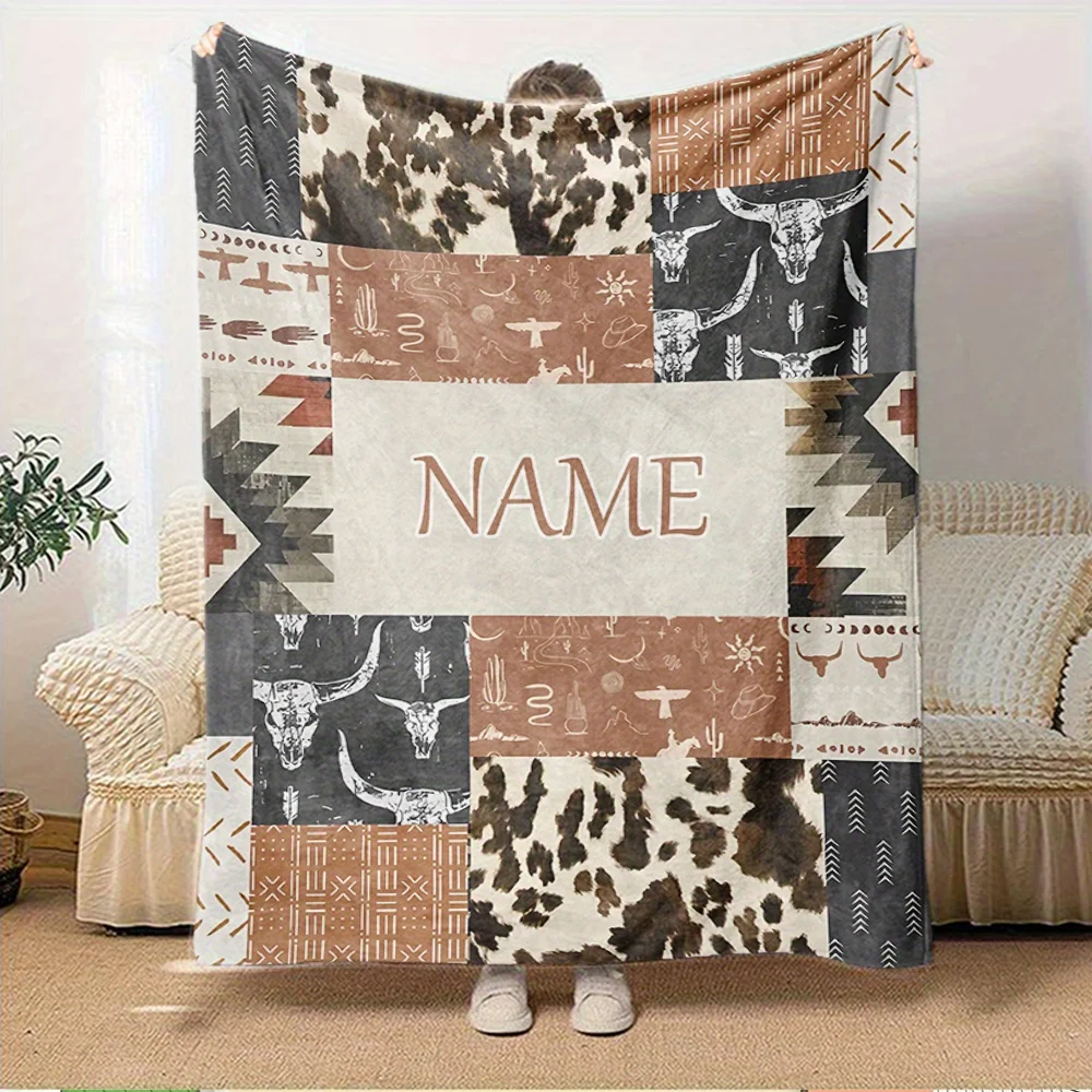 Personalized Western Blanket Cowhide Pattern Buffalo Skull Tribal Design Soft Fleece Throw for Home Decor Bedroom Gift Idea