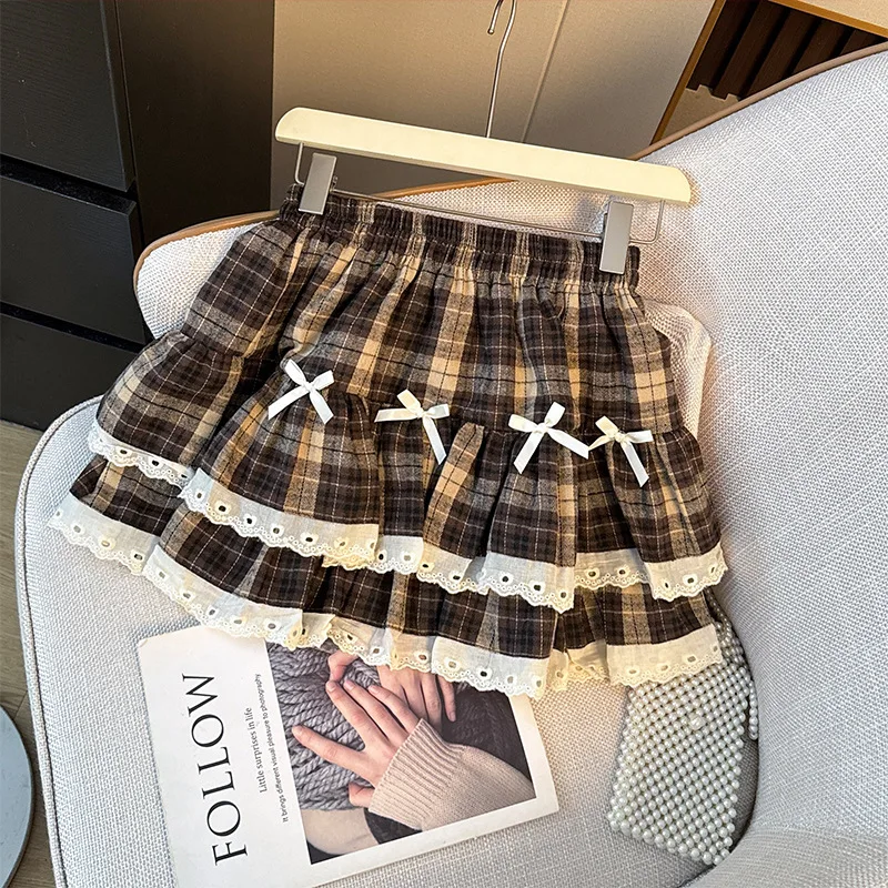 

2026 Summer New Elastic High Waisted Plaid Bow Flower Border Light A-line Skirt for Women