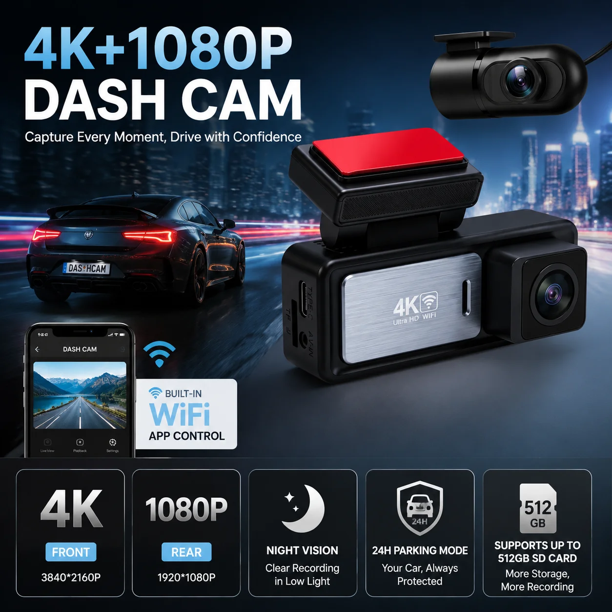 4K Ultra HD Front and 1080P Rear Car Dash Camera WiFi GPS WDR Night Vision 24H Parking Monitor G-Sensor APP Control Black Box