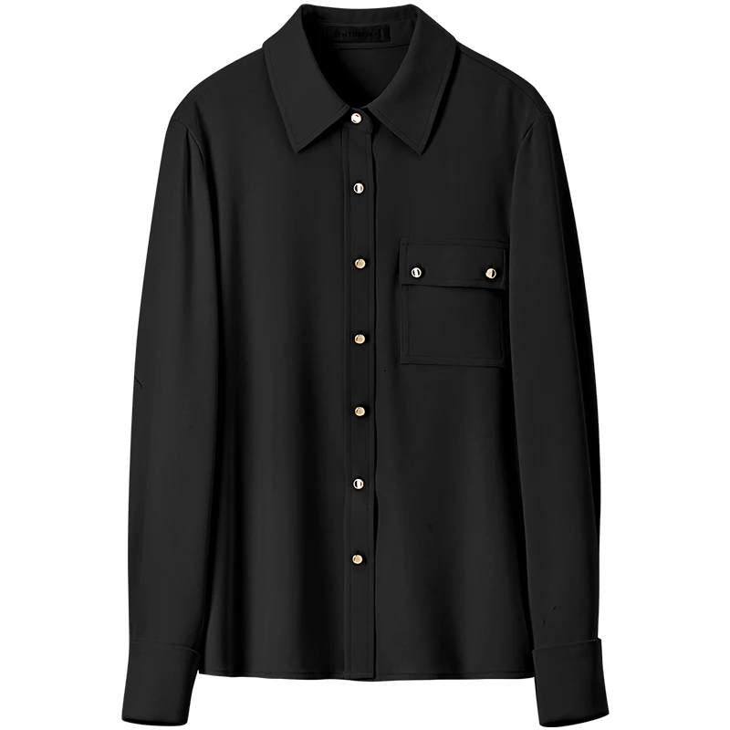 SENTUBILA Casual Straight Shirt Women 2024 Autumn Turn Down Collar Metal Single-breasted Solid Long Sleeve Simple Top 143C56825