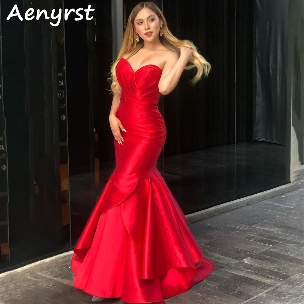 Aenyrst Sexy Red customized Mermaid Evening Dresses Satin Pleat Prom Gowns Floor Length Christmas Party Dress Long فساتين السهرة