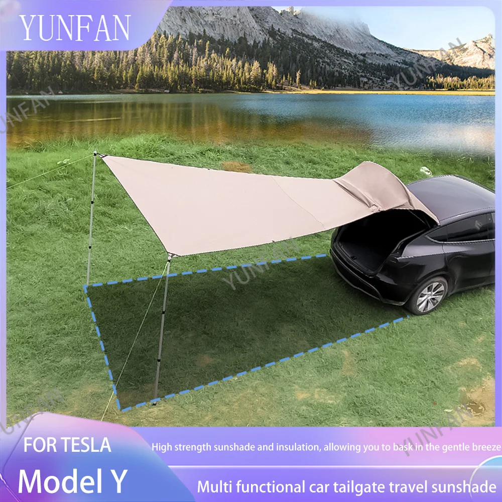 For Tesla Model Y 21-2025 Car Rear Trunk Awning Tent Quick 5-Min Setup Aluminum Support Poles UV Protection Camping Equipment