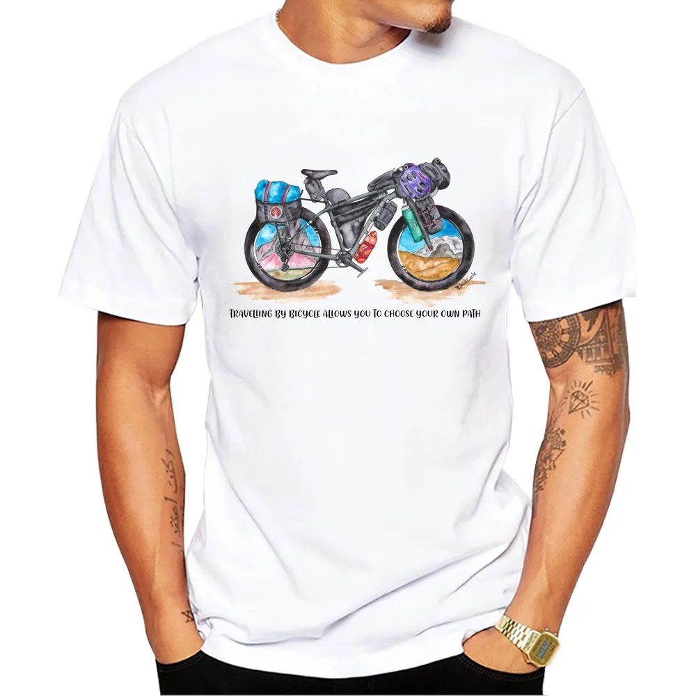 TEEHUB Vintage Bikepacking Men's Tops Bicycle Rig Watercolors Print T-Shirt O-Neck Men T Shirts Short Sleeve Male Casual Tee