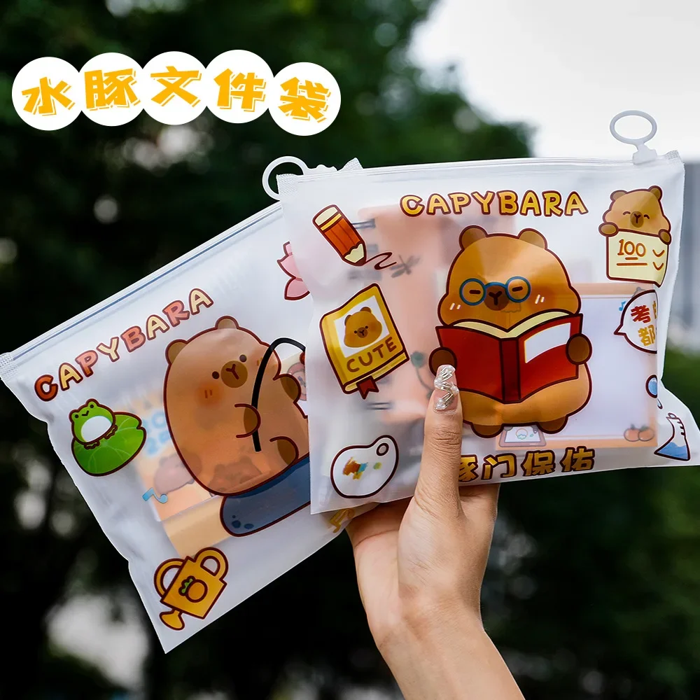 Pull Ring Document Bag Student Large Capacity Stationery Storage Bag Cartoon Transparent Capybara Waterproof Pencil Bag