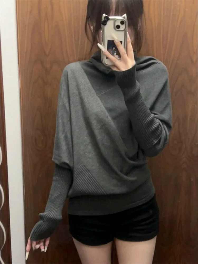 Amerikanischen Vintage Rollkragen Grau Pullover Für Frauen 2025, Herbst Neue Gestrickte Pullover Y2k Schlanke Taille Langarm Tops Mujer