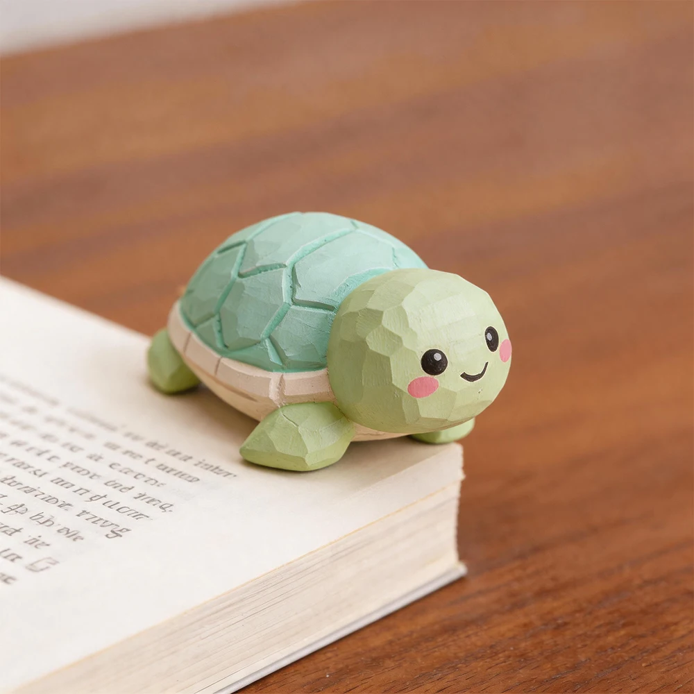 Hand Carved Wooden Turtle Figurine Cute Green Tortoise Statue Natural Wood Desktop Home Office Shelf Decoration Pet Lover Gift
