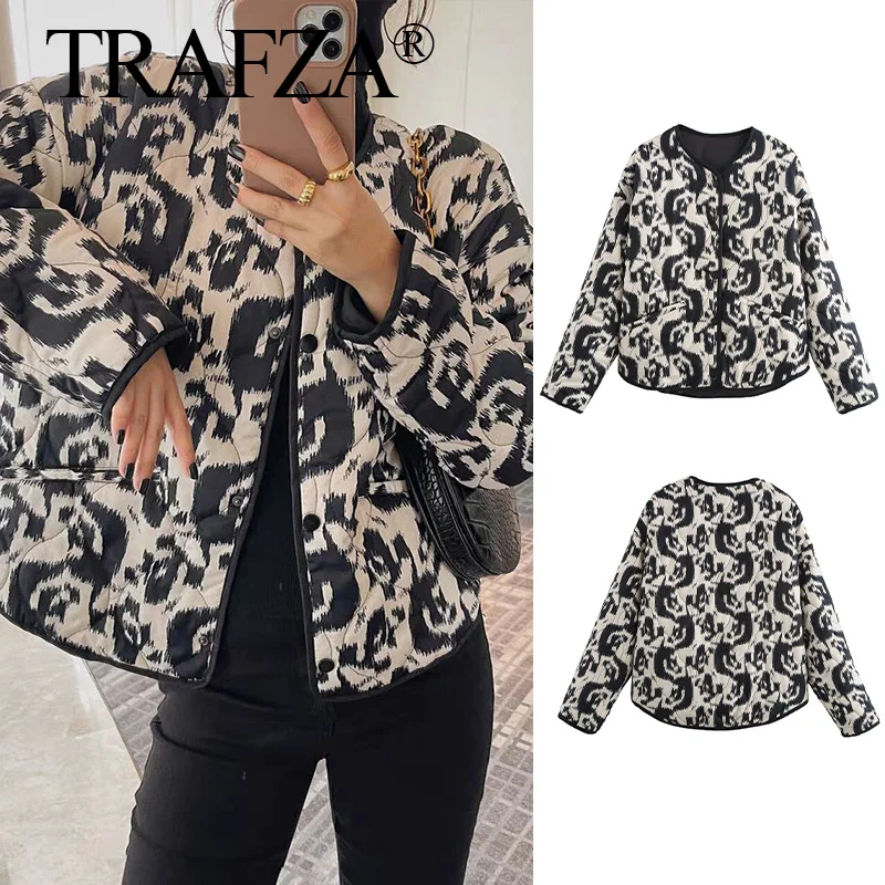 TRAFZA 2024 Women\'s Black Printed Cotton Coat Long Sleeve With Pockets Loose Jackets Woman Autumn Winter Warm Clothes Street