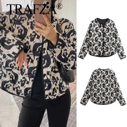 TRAFZA 2024 Women's Black Printed Cotton Coat Long Sleeve With Pockets Loose Jackets Woman Autumn Winter Warm Clothes Street