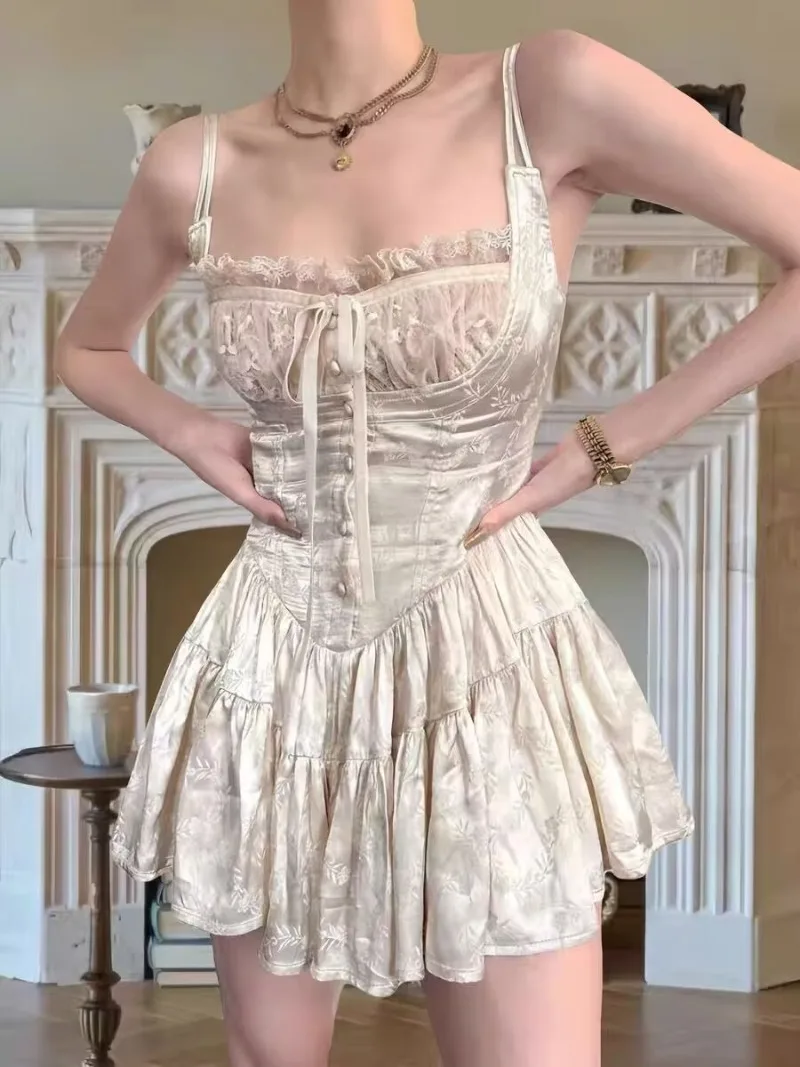 Mini abito estivo in raso Lolita retrò da donna Kawaii corsetto in pizzo floreale jacquard monopezzo Cami pagliaccetti data uscire abito sexy
