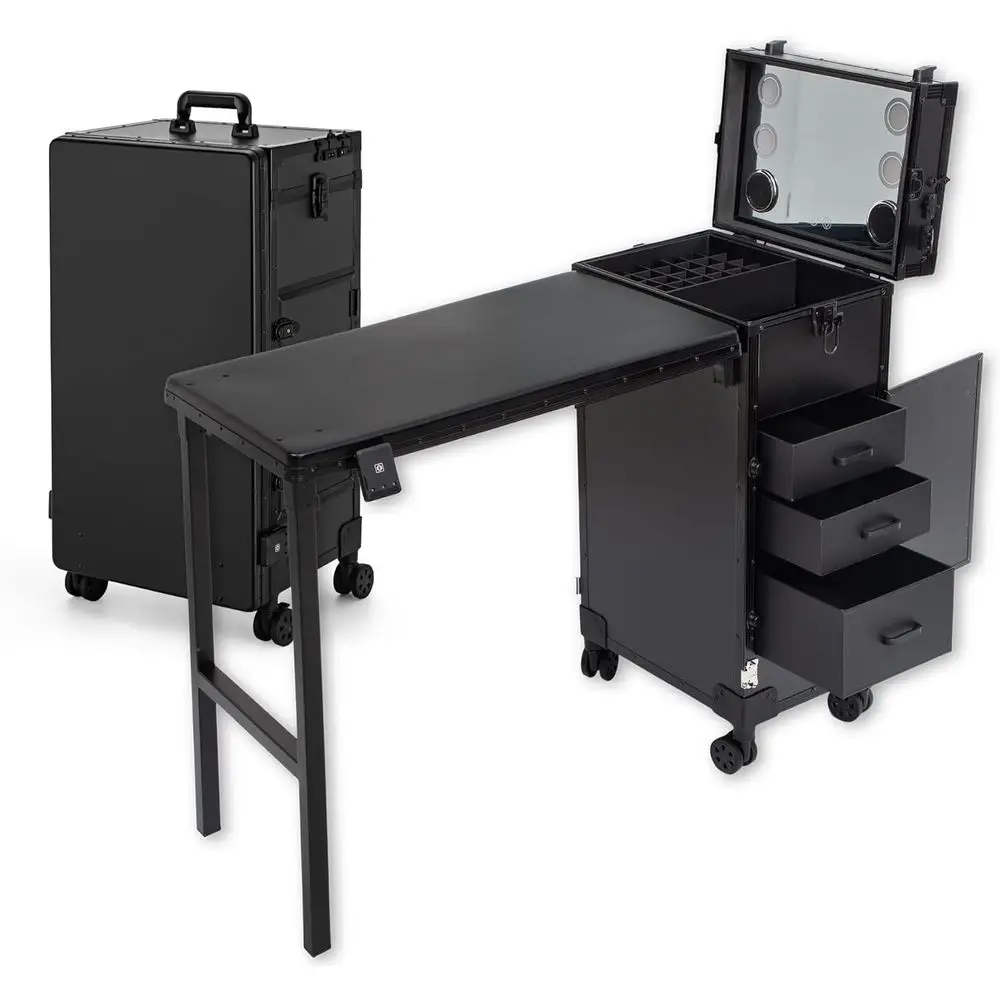 

Portable SJD LACE Manicure Table with 3-Drawer Makeup Organizer, Bluetooth Speaker, LED Mirror, and TSA Lock for Salon Technicia