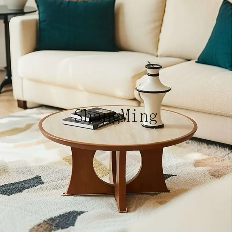 FG Retro Solid Wood Coffee Table with Travertine Stone Slab for Living Room, Simple and Luxurious Creative Table