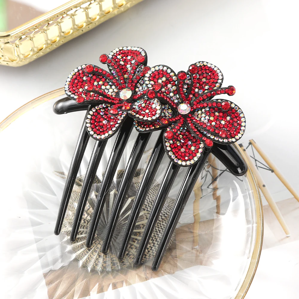 Women Crystal Flower Hair Combs Clip Shiny Rhinestone Hairpin Hair Updo Bun Clip Holding Toosl Ponytail Hair Accessories