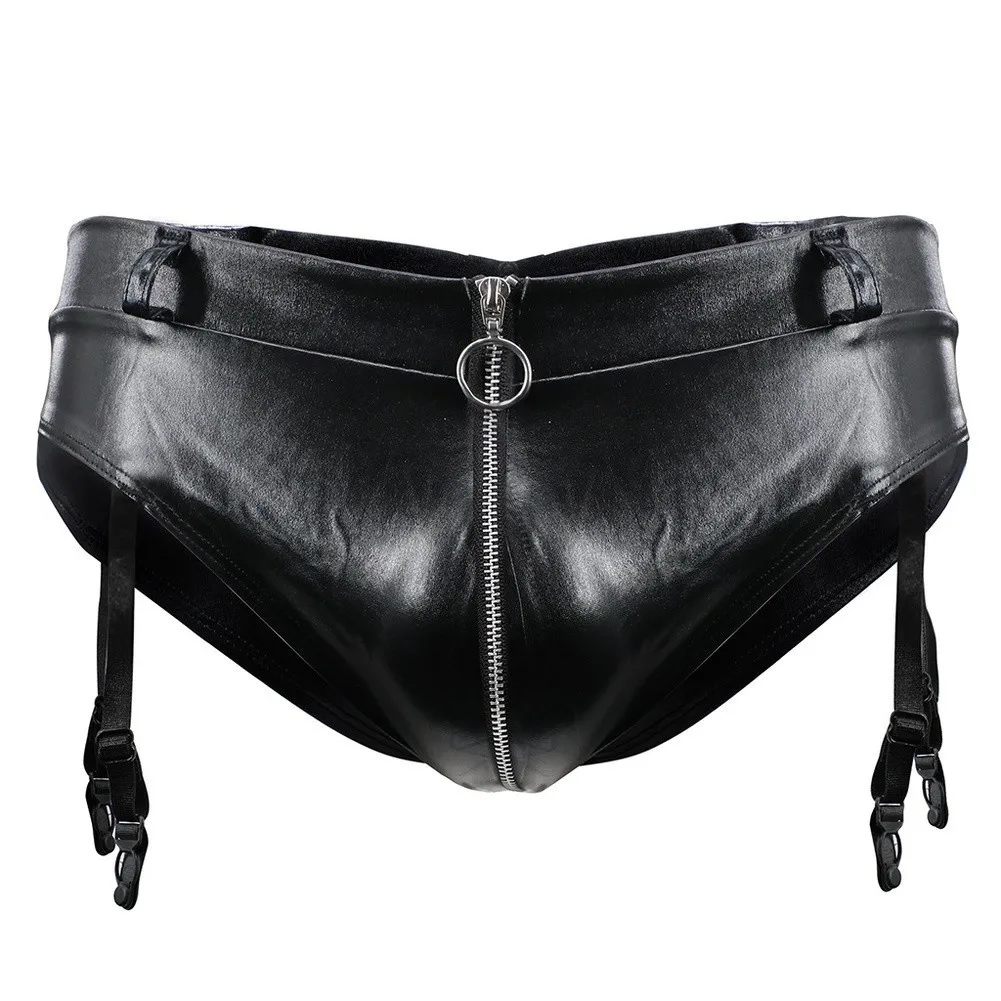 Mens Shiny Faux Leather Garter Briefs Front Metal O Ring Zipper Design Detachable Adjustable Sock Garters Low Rise Glossy Patent