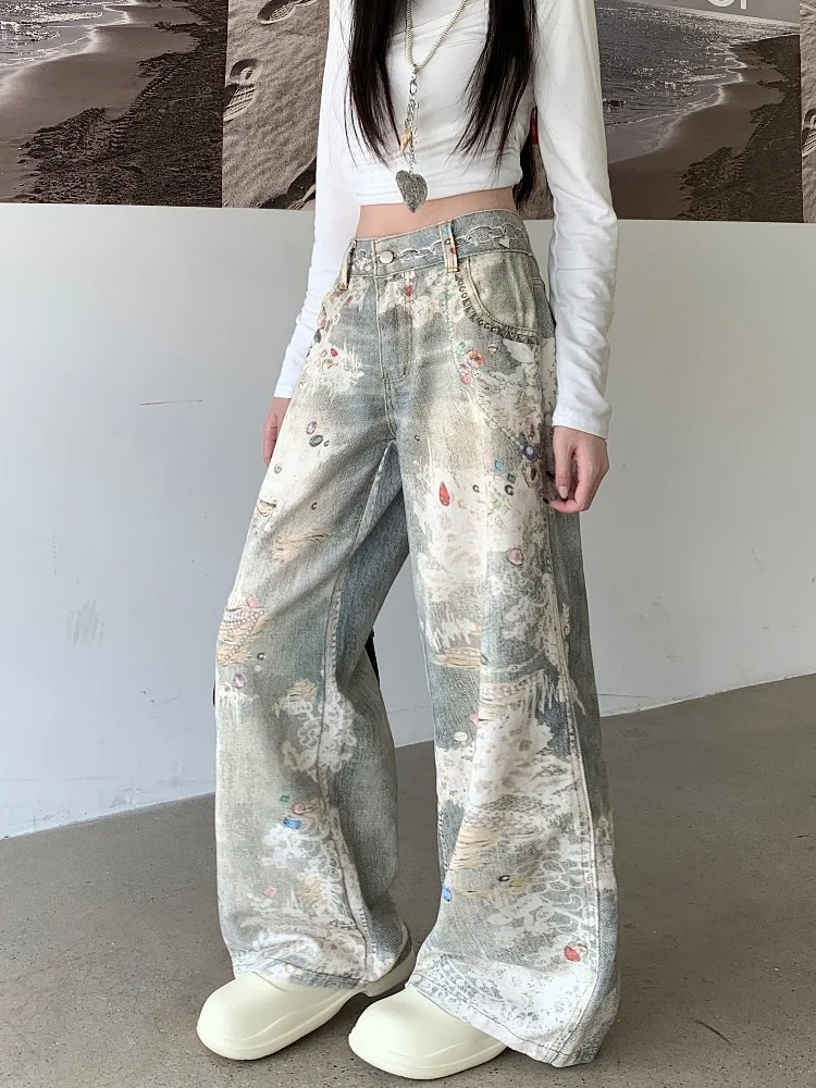 2024 Punk Y2K Style Rhinestone 3D Print Baggy Old Jeans Pants For Women 90S Vintage Clothes Wide Leg Distressed Lady Trousers