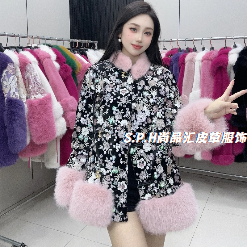 Jackets for Women Retro Style Fur European Fleece Coat 2024 New Luxury Heavy Industry Sequined Faux Fur Coat Female