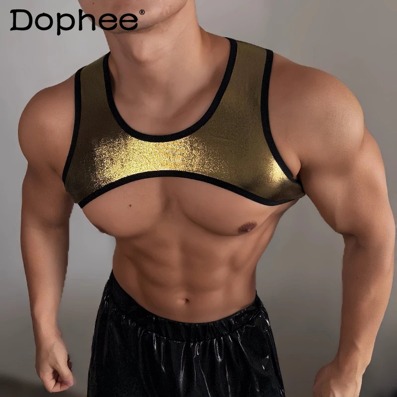 

Men's 2025 Summer New Soft Faux Leather Sleeveless Tops Men's Sexy Fashion Vests Men's Slimming Pullover Round Neck Tank Tops