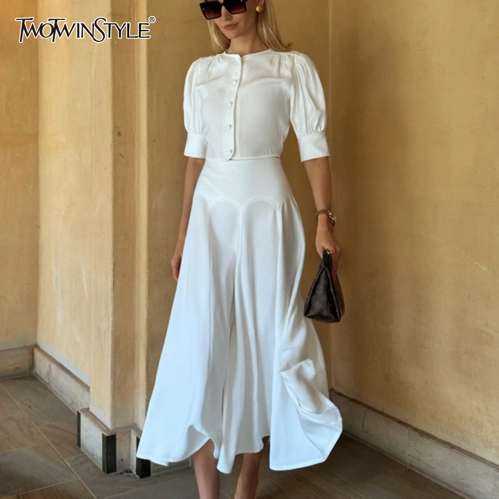 

TWOTWINSTYLE Elegant Two Piece Set for Women O Neck Lantern Sleeve Spliced Button Short Tops High Waist Long Skirt Suit Female