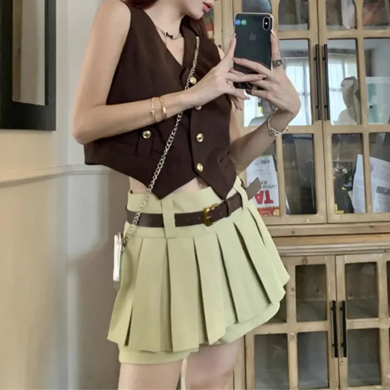 Vintage Hotsweet Pleated Fashion A-Line Short Skirts Summer New Solid Color Women's Clothing High Waist Basic Sashes Mini Skirts