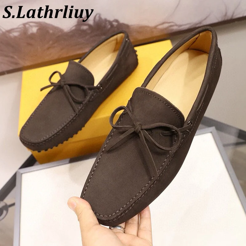 Spring Autumn Suede Round Toe British Style Flat Shoes Men's Bow Knot Decoration Lazy Loafers Leisure Vacation Walking Shoes