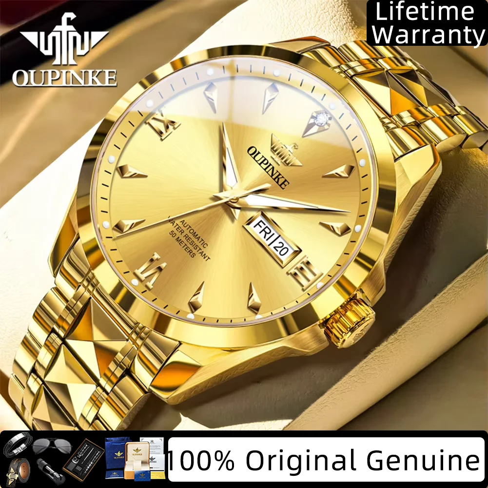 

OUPINKE Real Diamond Automatic Men's Watches Original Luxury Brand Dual Calendar High-end Business Mechanical Watch for Man 3306