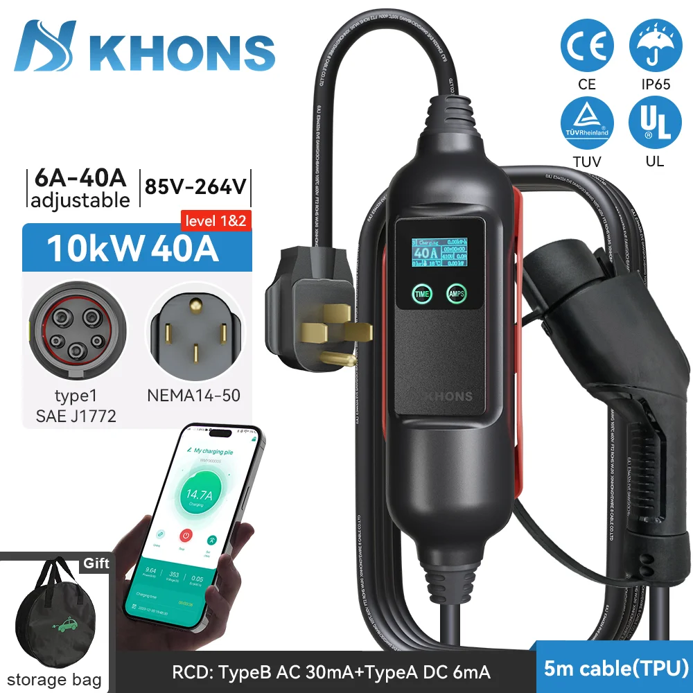 

khons Type1 Portable EV Charger 10KW J1772 EVSE charging 40A 1Phase APP WIFI Control Version for Electric Vehicle 5m CABLE