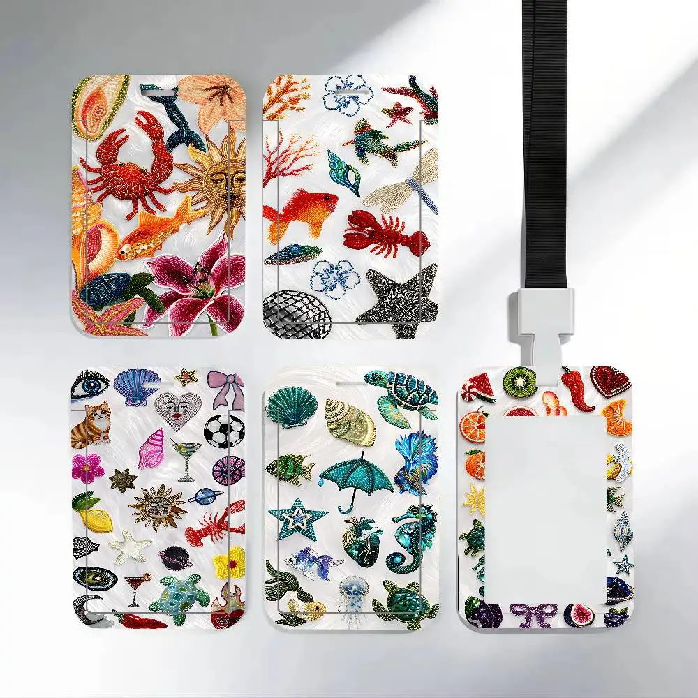 Heart-Shaped Stars Crab Fish Floral ID Badge Holder Neck Strap Pendant Door Card Holders Credential Holder, Durable PVC Material