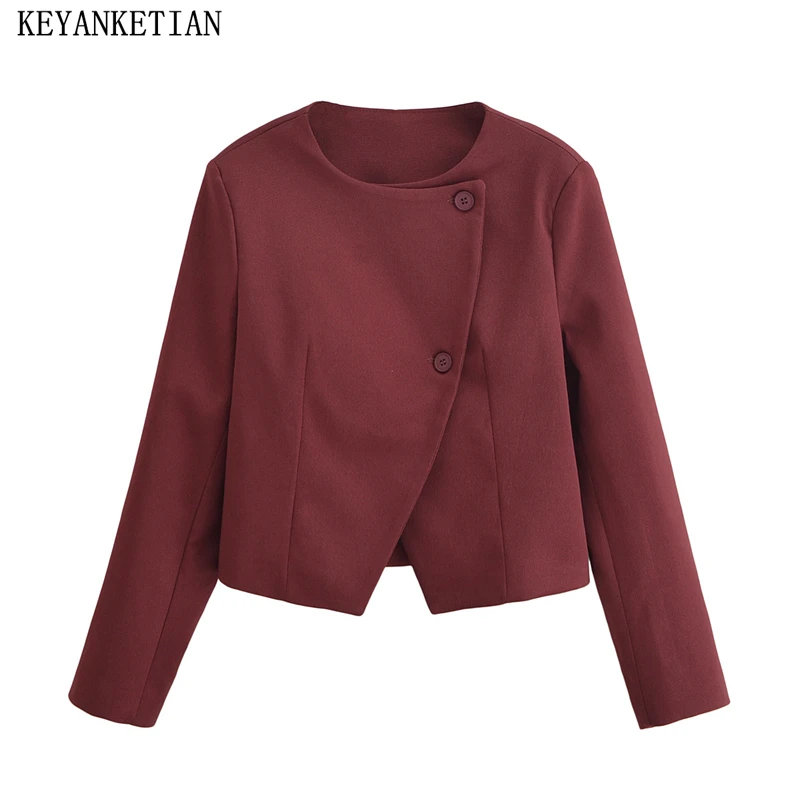 KEYANKETIAN 2024 Autumn/Winter New Women Asymmetrical Single Breasted Cropped Suit Office Lady O-Neck Slim Outerwear Solid color