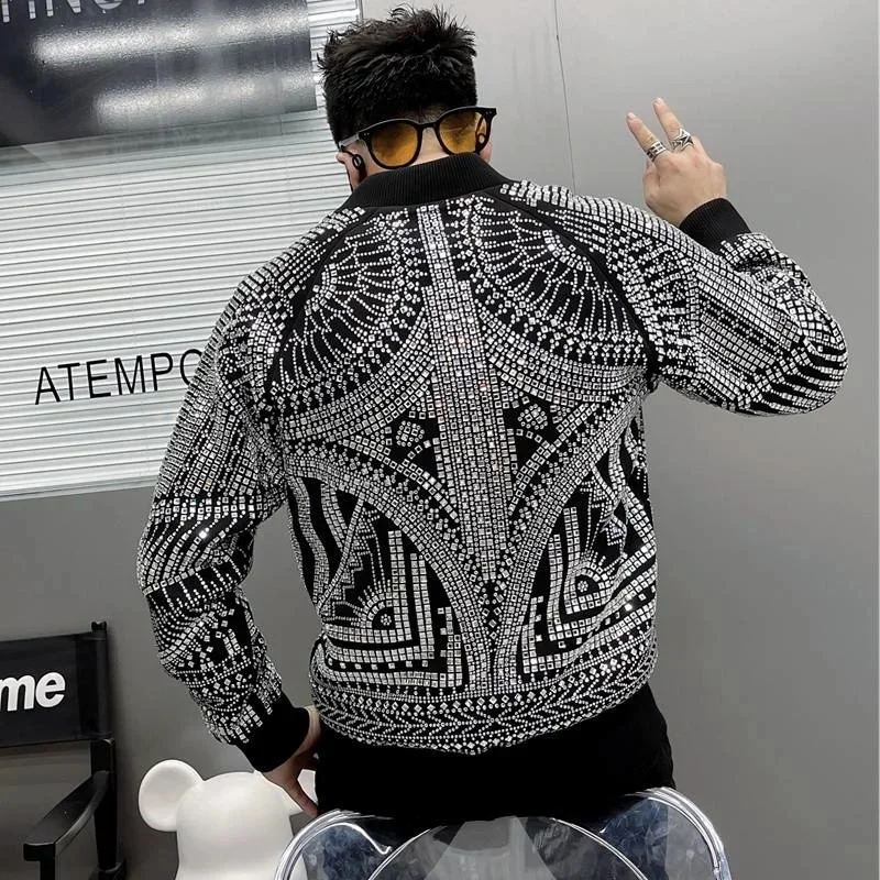 European Luxury Brand Retro Jacket Men Jaqueta Bomber Diamond Coat Fashion Rhinestones Punk Club Outfit Slim