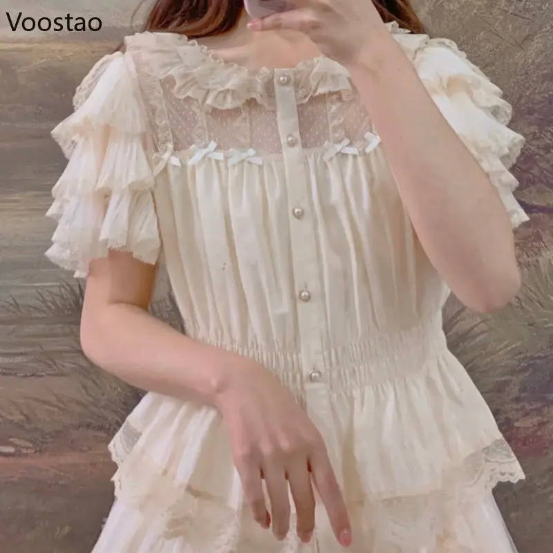 Victorian Vintage Lolita Princess Blouse Women Elegant Ruffles Short Sleeve Mesh Bow Slim Shirt Japanese Gothic Y2k Cute Tops