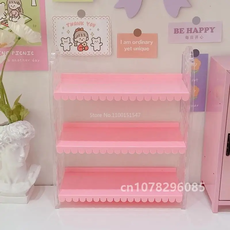 Fresh lace 3-layer shelf pink girl desktop doll rack cosmetics student dormitory storage display rack cabinet organizer shelf